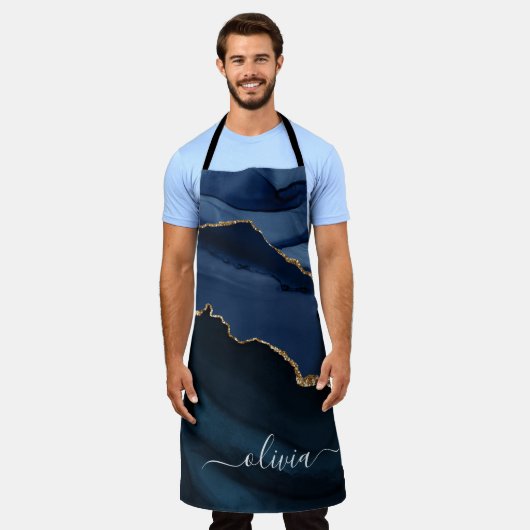 Tablier Monogramme doré géode d'agate bleu marine (Porté)