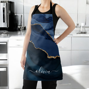 Tablier Monogramme doré géode d'agate bleu marine