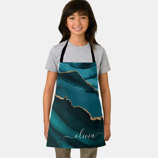 Tablier Monogramme doré géode de bleu sarcelle vert aqua (Insitu)