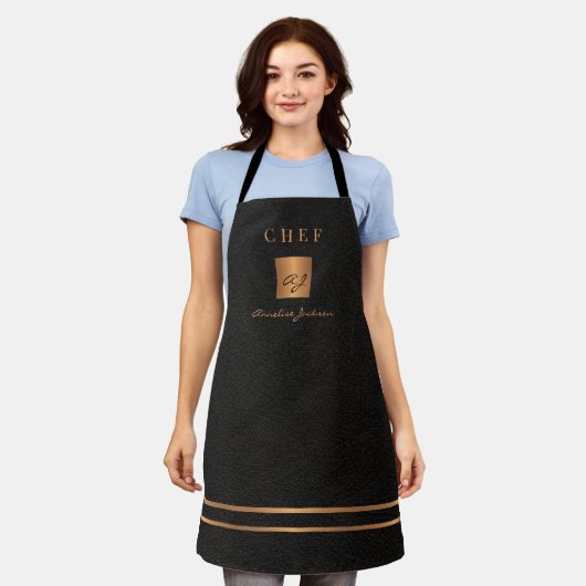 Tablier Monogramme élégant noir nom du script chef (Porté)