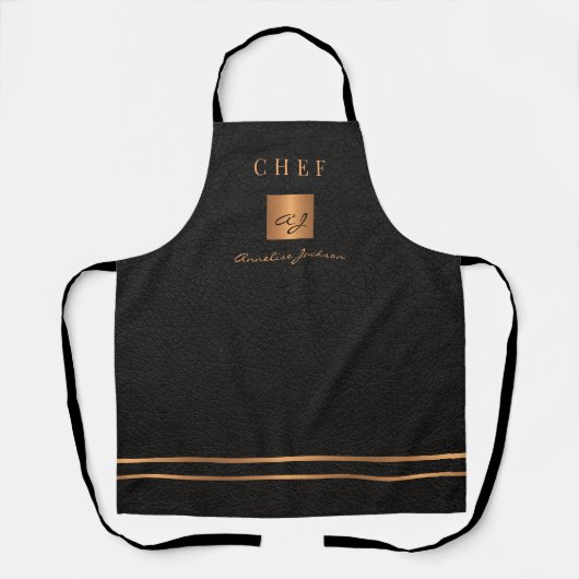 Tablier Monogramme élégant noir nom du script chef (Recto)