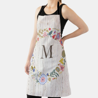 Tablier Monogramme en bois vieilli Fleurs blanches