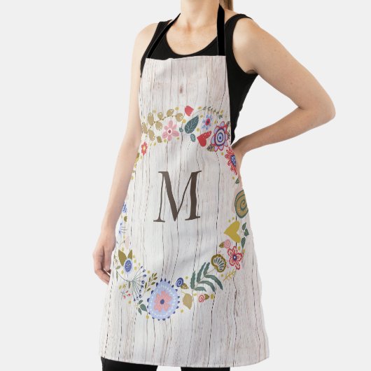 Tablier Monogramme en bois vieilli Fleurs blanches (Insitu)