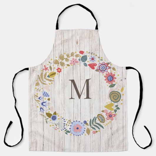 Tablier Monogramme en bois vieilli Fleurs blanches (Recto)
