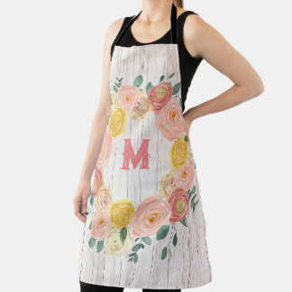 Tablier Monogramme en bois vieilli Rose et couronne d'euca