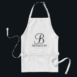 Tablier Monogramme et nom de script personnalisé<br><div class="desc">Monogramme personnalisé et cadeau de nom caractéristiques monogramme personnalisé en noir classique style de police de script et nom en noir classique serif style de police sur arrière - plan blanc. Parfait comme cadeau de vacances,  cadeau de fête des pères pour papa et cadeau pour toutes les occasions spéciales.</div>