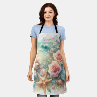 Tablier Monogramme et nom sur fleurs aquarelles mer coquil