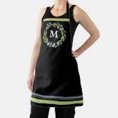 Tablier Monogramme Eucalyptus couronne florale sur noir (Insitu)