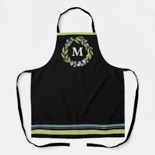 Tablier Monogramme Eucalyptus couronne florale sur noir