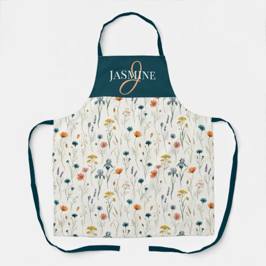 Tablier Monogramme Fleur Sauvage Vert Orange Nom (Recto)