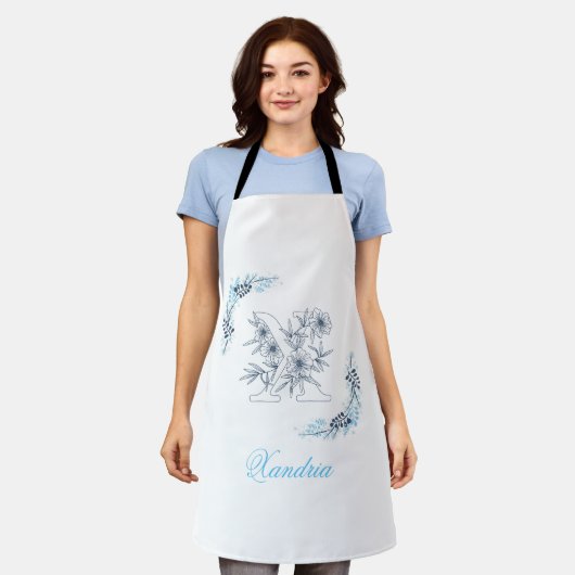 Tablier Monogramme floral bleu "X" initial (Porté)