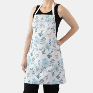 Tablier Monogramme floral d'aquarelle bleue