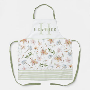 Tablier Monogrammé floral de printemps aquarelle vert saug