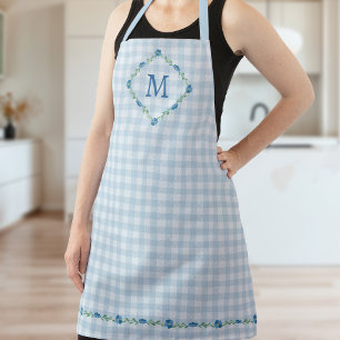 Tablier Monogramme floral délicat Gingham bleu Cottagecore