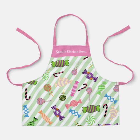 Tablier Monogramme joli motif bonbon rayures rose vert (Recto)