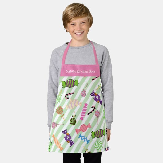 Tablier Monogramme joli motif bonbon rayures rose vert (Porté)