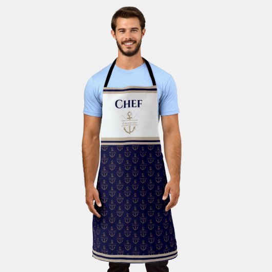 Tablier Monogramme marin Bleu blanc Apron or bleu marine (Porté)