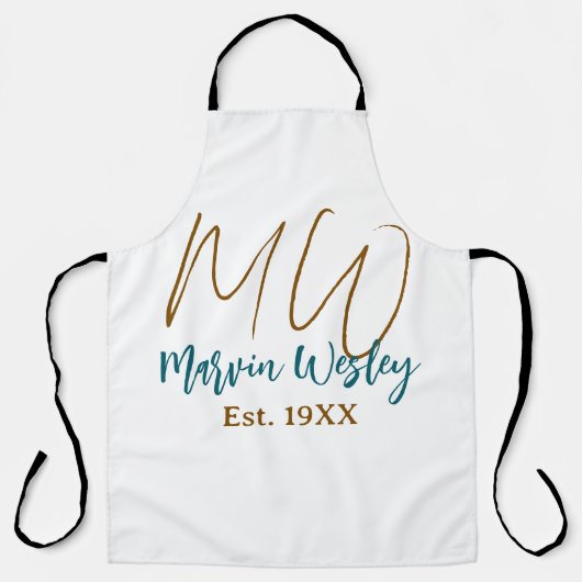 Tablier Monogramme marron bleu turquoise année simple mini (Recto)
