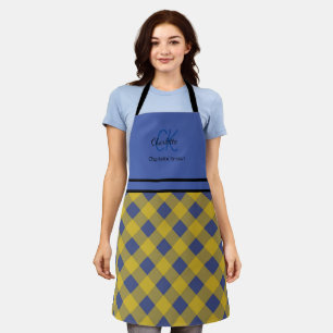 Tablier Monogramme moderne bleu et jaune plaid Nom