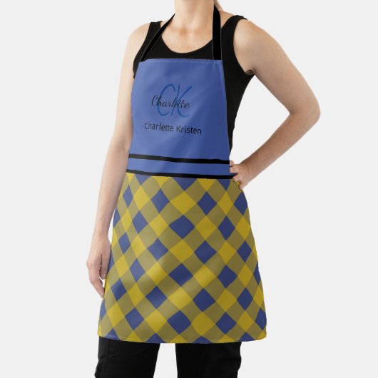 Tablier Monogramme moderne bleu et jaune plaid Nom (Insitu)