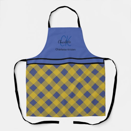 Tablier Monogramme moderne bleu et jaune plaid Nom (Recto)