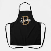 Tablier Monogramme moderne élégant Nom Black Gold Script (Recto)