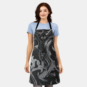 Tablier Monogramme moderne en marbre noir gris argent Part