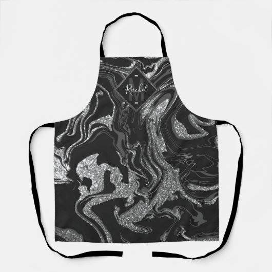 Tablier Monogramme moderne en marbre noir gris argent Part (Recto)