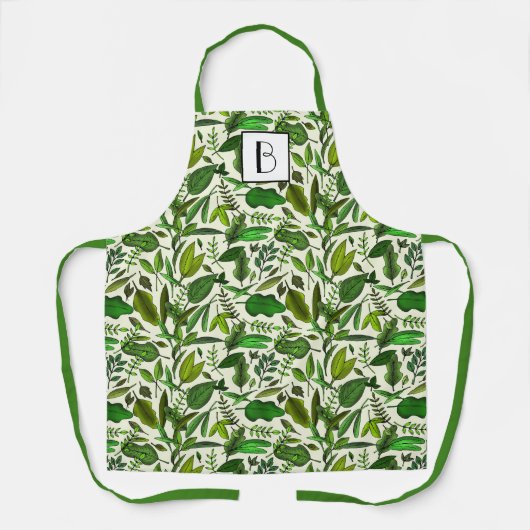 Tablier Monogramme moderne Feuilles verts botaniques (Recto)