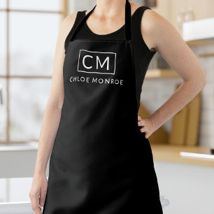 Tablier Monogramme moderne minimal Nom Classic Noir Blanc