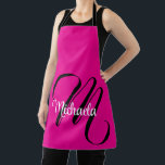 Tablier Monogramme moderne minimaliste nom initial rose ch<br><div class="desc">Monogramme moderne minimaliste nom initial noir blanc. Nom personnalisé personnalisable avec une initiale cursive derrière sur une couleur rose chaud.</div>