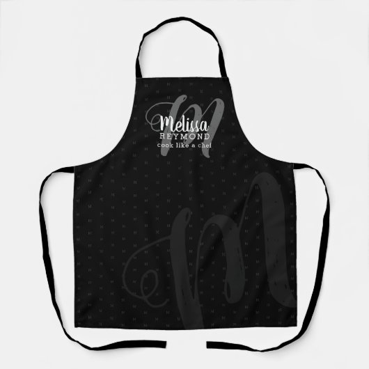 Tablier monogramme moderne pour la cuisine du chef noir (Recto)