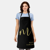 Tablier Monogramme moderne Script Calligraphie Black Gold  (Porté)