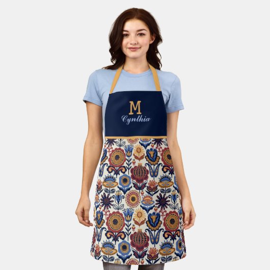 Tablier Monogramme Motif d'art populaire de fleurs nordiqu (Porté)