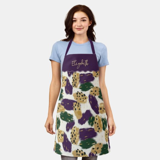 Tablier Monogramme Motif vert violet or brosses (Porté)