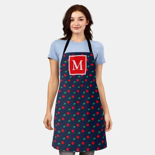 Tablier Monogramme Navy et Cerises Rouges d'Été (Porté)