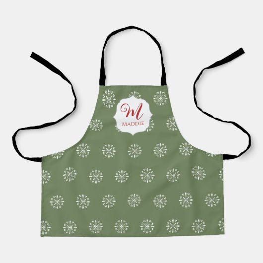 Tablier Monogramme Noël mignon Simple Flocon de neige vert (Recto)