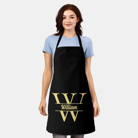 Tablier Monogramme noir et or | Écriture initiale élégante (Porté)