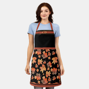 Tablier Monogramme noir imprimé Feuilles d'érable d'automn