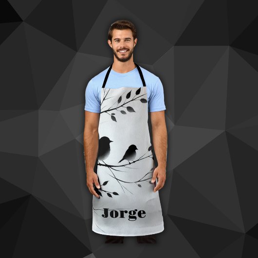 Tablier Monogramme Oiseaux noirs et blancs simples dans le