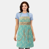 Tablier Monogramme or Floral sur Turquoise vert (Porté)