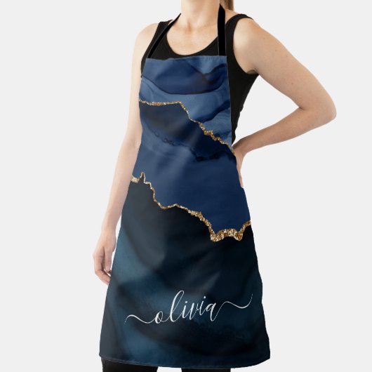 Tablier Monogramme Or Géode d'Agate Bleu Marine (Insitu)