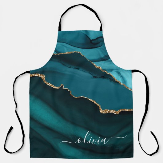 Tablier Monogramme Or Geode d'agate de Bleu Vert Aqua en O (Recto)