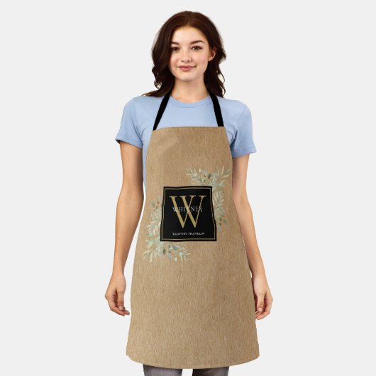 Tablier Monogramme Or Rustique Aquarelle Et Feuillage Avec (Porté)