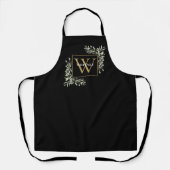 Tablier Monogramme Or Vert Floral Élégant Noir (Recto)