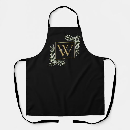 Tablier Monogramme Or Vert Floral Élégant Noir  (Recto)