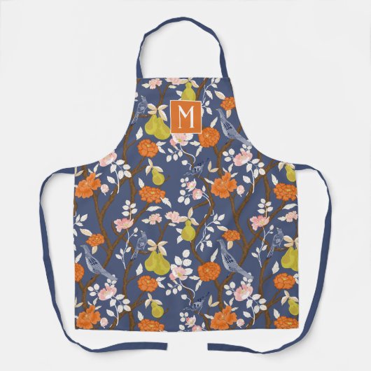Tablier Monogramme orangé et bleu de la Chinoiserie Oiseau (Recto)