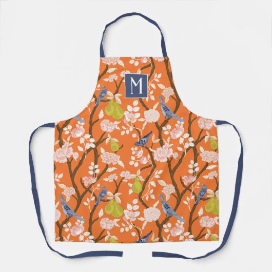 Tablier Monogramme orangé et bleu de la Chinoiserie Oiseau (Recto)
