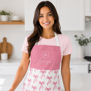 Tablier Monogramme personnalisé avec motif de nœud rose