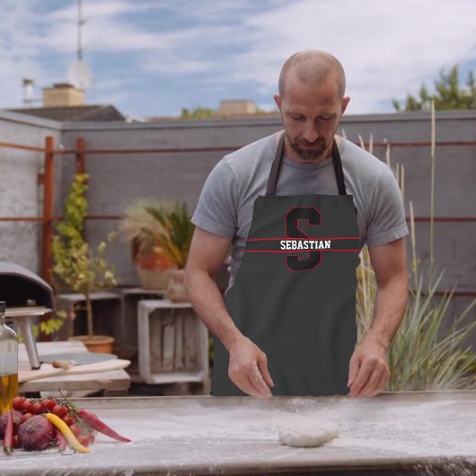 Tablier Monogramme personnalisé noir rouge moderne